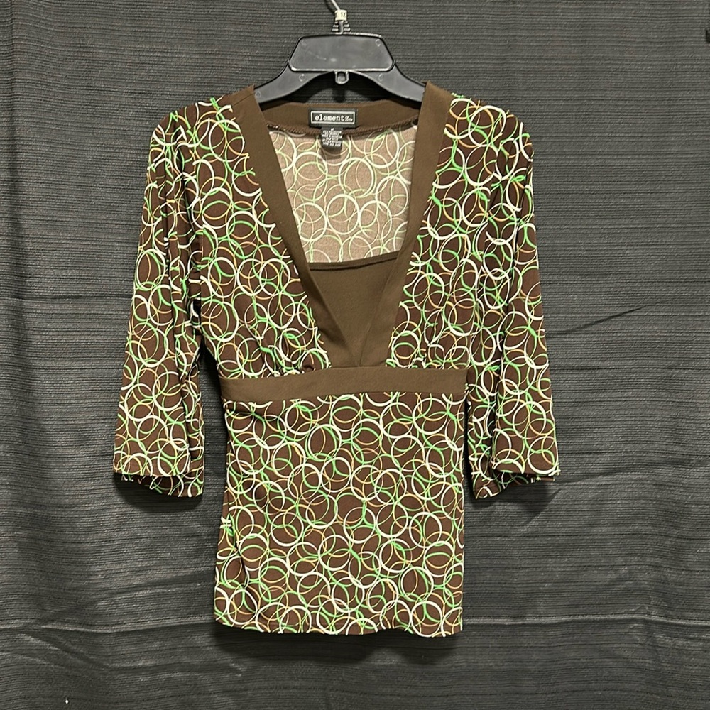 Elementz Brown / Green / Tan circle design tie back top / Size M / G-105